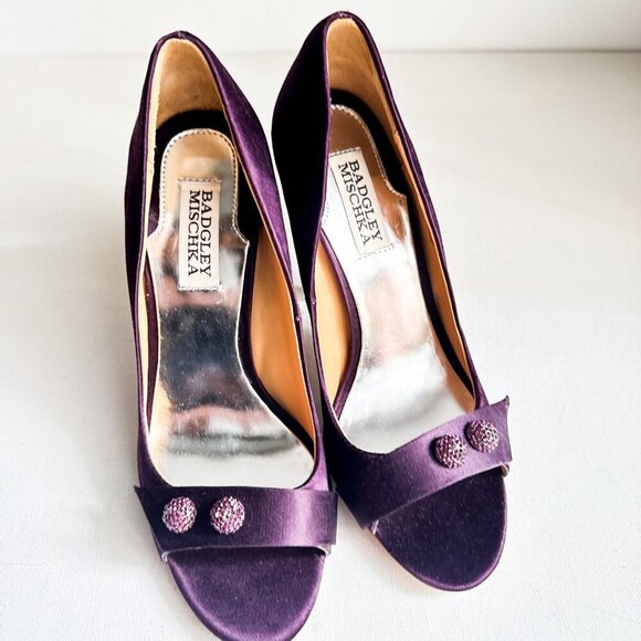Badgley Mischka Purple Satin Rhinestine Open Toe Heels 7 - Picture 5 of 5